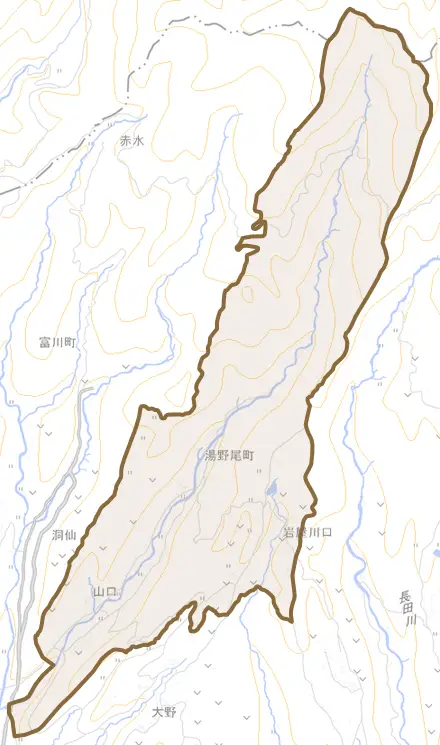 湯野尾町とその周辺の地図。町の範囲を重ねている