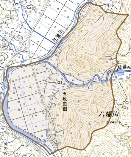 五反田郷とその周辺の地図。町の範囲を重ねている
