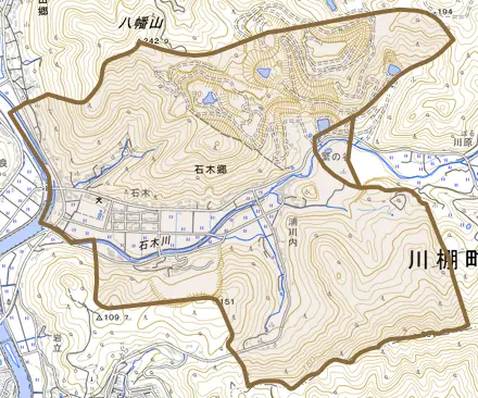 石木郷とその周辺の地図。町の範囲を重ねている