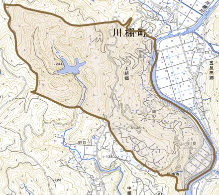 上組郷とその周辺の地図。町の範囲を重ねている