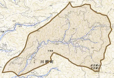 木場郷とその周辺の地図。町の範囲を重ねている