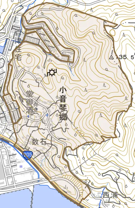 小音琴郷とその周辺の地図。町の範囲を重ねている