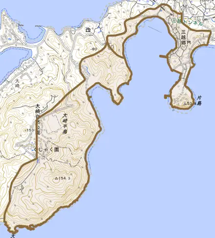 三越郷とその周辺の地図。町の範囲を重ねている