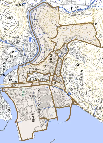 百津郷とその周辺の地図。町の範囲を重ねている