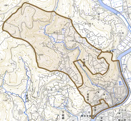 中組郷とその周辺の地図。町の範囲を重ねている