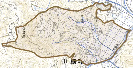 中山郷とその周辺の地図。町の範囲を重ねている