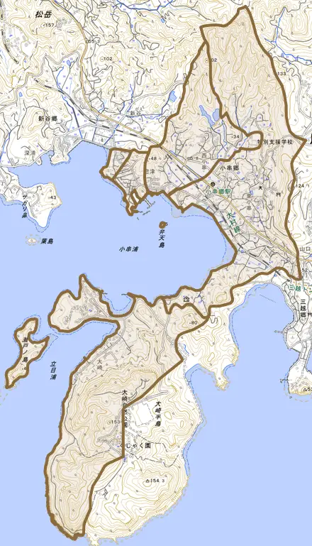 小串郷とその周辺の地図。町の範囲を重ねている