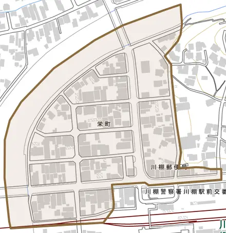 栄町とその周辺の地図。町の範囲を重ねている
