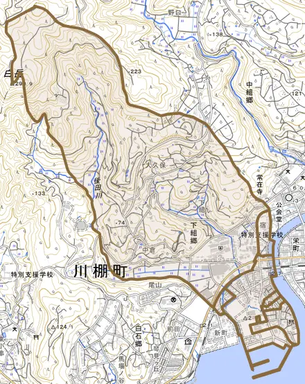 下組郷とその周辺の地図。町の範囲を重ねている