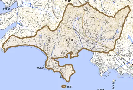 新谷郷とその周辺の地図。町の範囲を重ねている