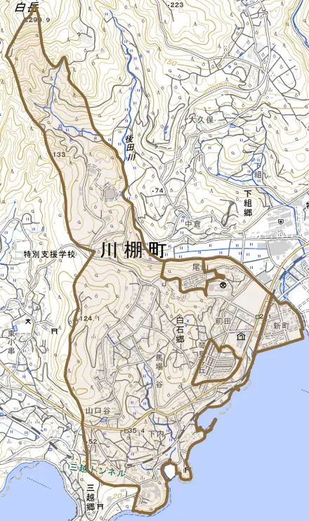 白石郷とその周辺の地図。町の範囲を重ねている