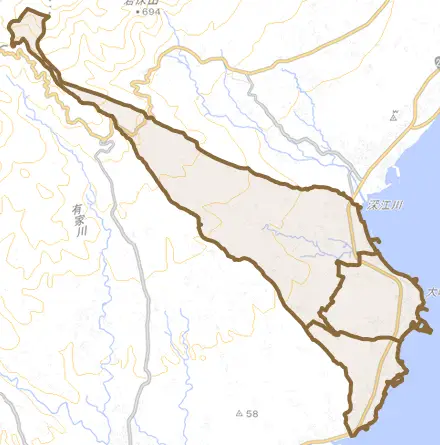 布津町とその周辺の地図。町の範囲を重ねている