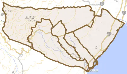 深江町とその周辺の地図。町の範囲を重ねている