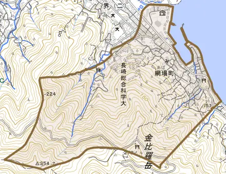 網場町とその周辺の地図。町の範囲を重ねている