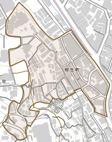 相生町とその周辺の地図。町の範囲を重ねている