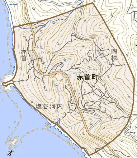 赤首町とその周辺の地図。町の範囲を重ねている