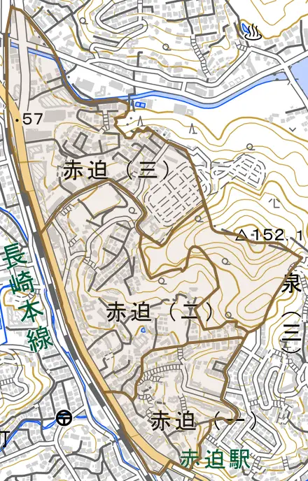 赤迫とその周辺の地図。町の範囲を重ねている