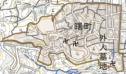 曙町とその周辺の地図。町の範囲を重ねている