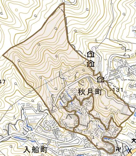 秋月町とその周辺の地図。町の範囲を重ねている