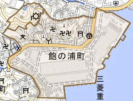 飽の浦町とその周辺の地図。町の範囲を重ねている