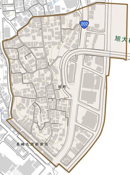 旭町とその周辺の地図。町の範囲を重ねている