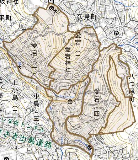 愛宕とその周辺の地図。町の範囲を重ねている