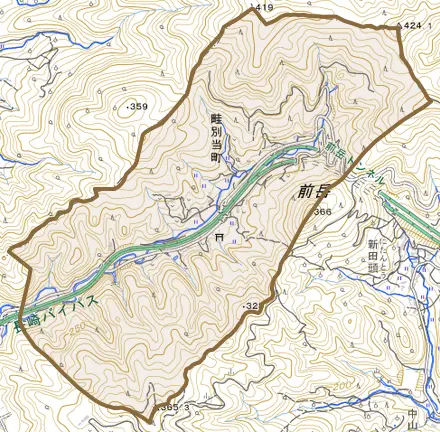 畦別当町とその周辺の地図。町の範囲を重ねている