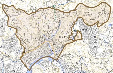 畝刈町とその周辺の地図。町の範囲を重ねている