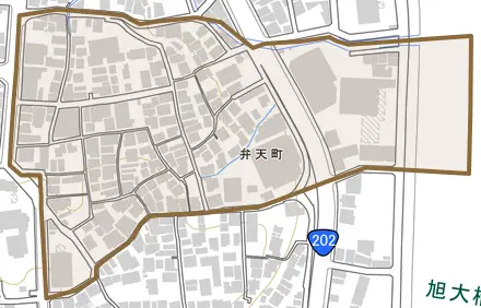 弁天町とその周辺の地図。町の範囲を重ねている