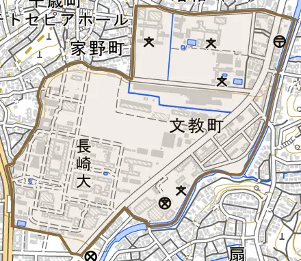 文教町とその周辺の地図。町の範囲を重ねている