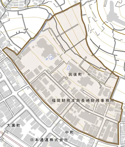 筑後町とその周辺の地図。町の範囲を重ねている