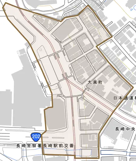 大黒町とその周辺の地図。町の範囲を重ねている
