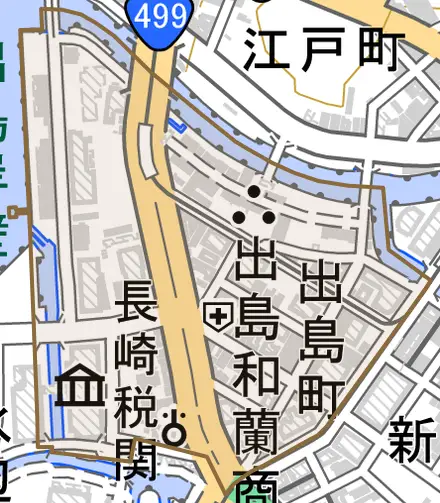 出島町とその周辺の地図。町の範囲を重ねている
