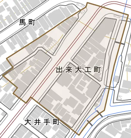 出来大工町とその周辺の地図。町の範囲を重ねている