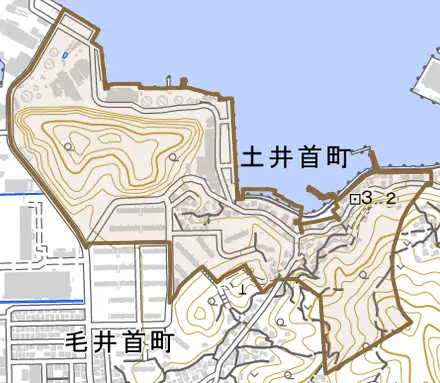 土井首町とその周辺の地図。町の範囲を重ねている