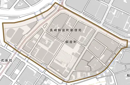 銅座町とその周辺の地図。町の範囲を重ねている