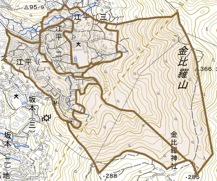 江平とその周辺の地図。町の範囲を重ねている