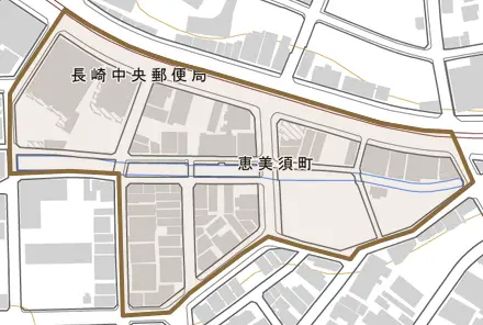 恵美須町とその周辺の地図。町の範囲を重ねている