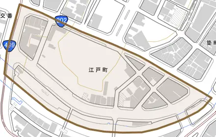 江戸町とその周辺の地図。町の範囲を重ねている