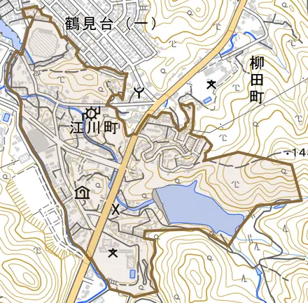 江川町とその周辺の地図。町の範囲を重ねている