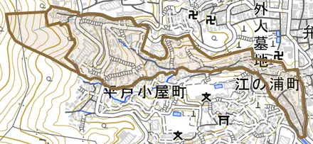 江の浦町とその周辺の地図。町の範囲を重ねている