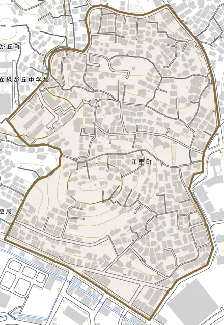 江里町とその周辺の地図。町の範囲を重ねている