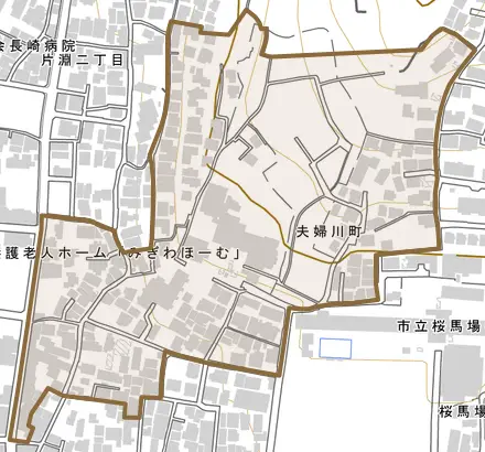 夫婦川町とその周辺の地図。町の範囲を重ねている