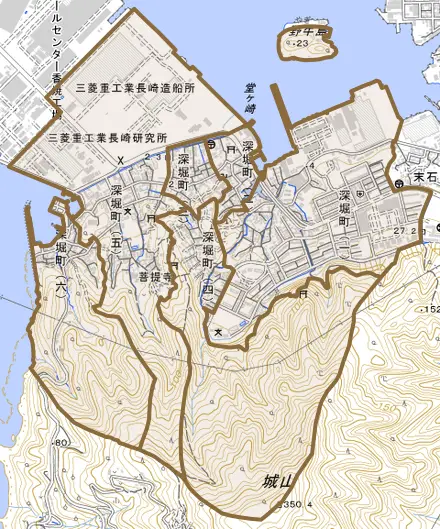 深堀町とその周辺の地図。町の範囲を重ねている