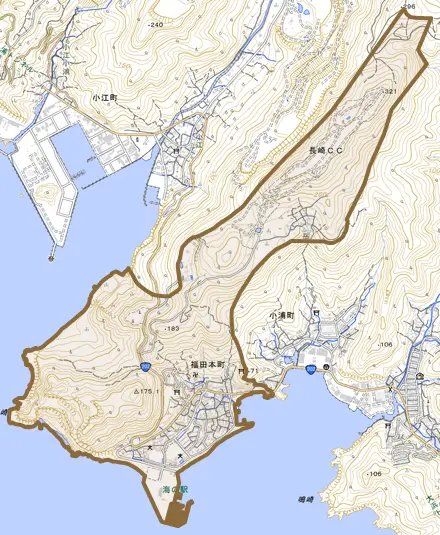 福田本町とその周辺の地図。町の範囲を重ねている