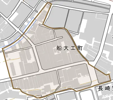 船大工町とその周辺の地図。町の範囲を重ねている