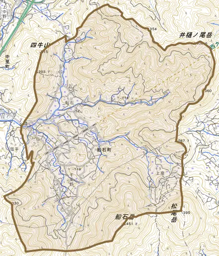 船石町とその周辺の地図。町の範囲を重ねている