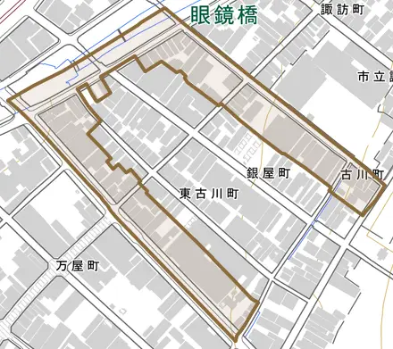 古川町とその周辺の地図。町の範囲を重ねている
