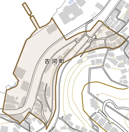 古河町とその周辺の地図。町の範囲を重ねている