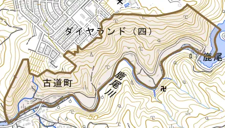 古道町とその周辺の地図。町の範囲を重ねている